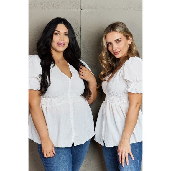 Culture Code Sweet Serenity Full Size V-Neck Puff Sleeve Button Down Top - Picture 13 of 13